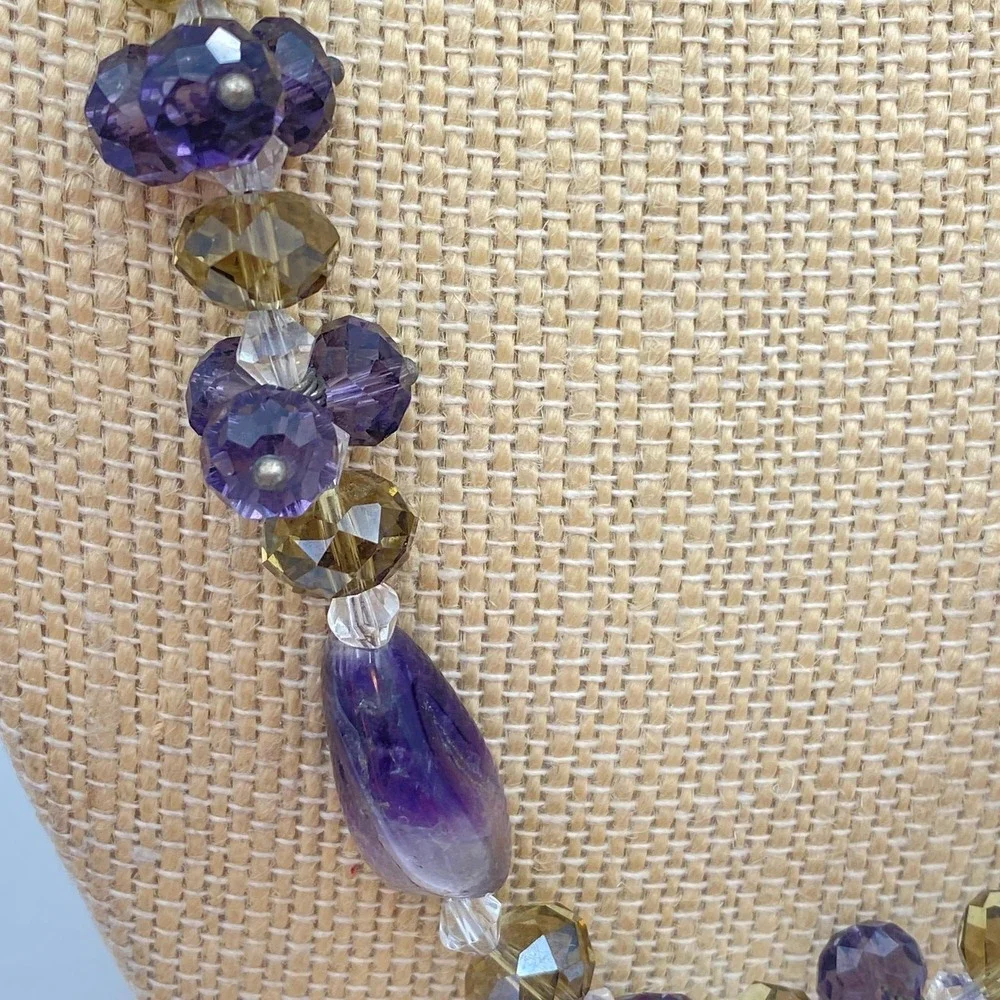 Amethyst Purple Stone and Faceted Glass Bead Adjustable Necklace Eclectic Style